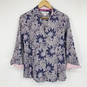 Foxcroft 3/4 Sleeve Fitted Button Up Shirt Wrinkle Free Blue Floral Sz 8